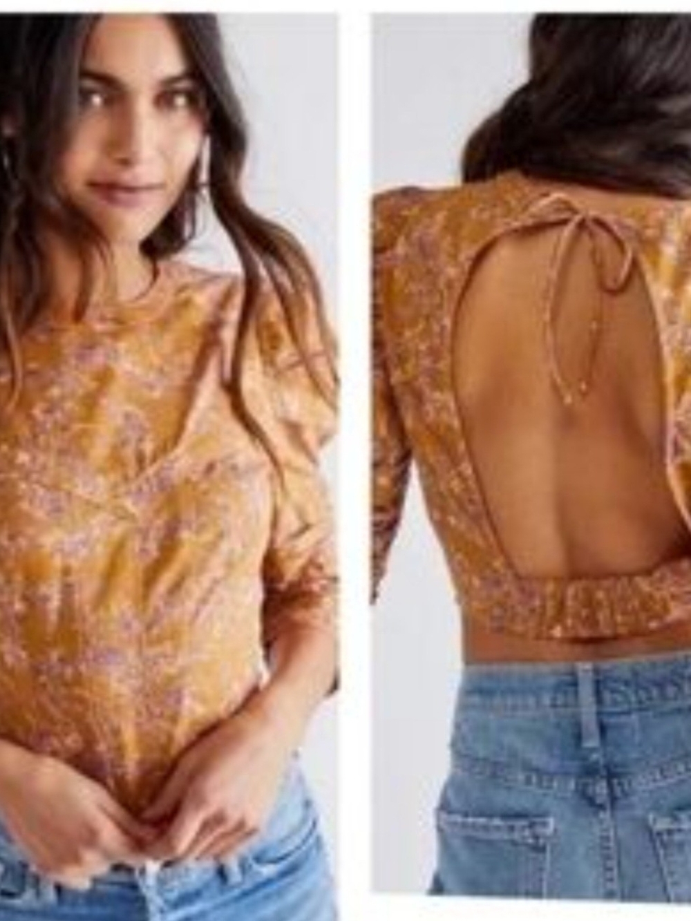 Free People Monica Puff Sleeve Crop Top Floral Gold Leaf L